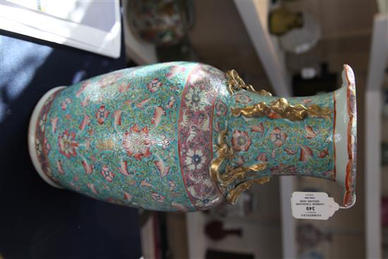 A large Chinese Canton decorated turquoise ground two-handled vase, late 19th century, 44.5cm